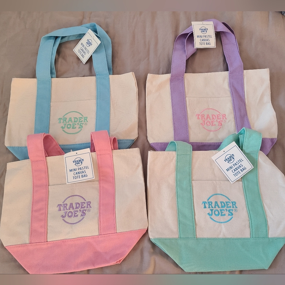 Trader Joe's Pastel Canvas Tote Bags (Set of 4 - Blue, Purple, Pink, Teal)